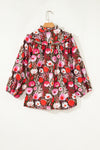 Red Floral 3/4 Sleeve Lace-up Neck Blouse