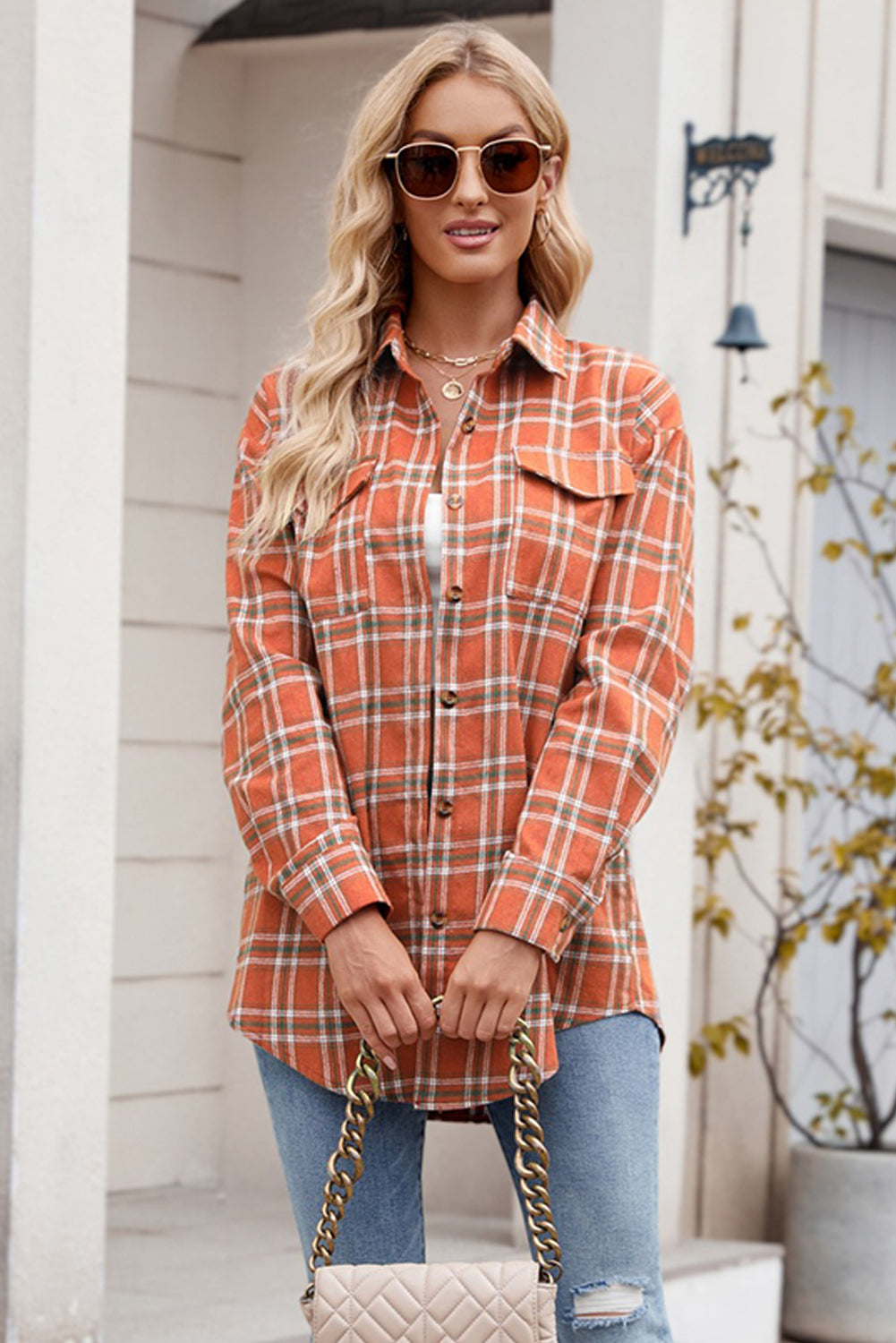 Green Plaid Chest Pocket Button Front Shirt