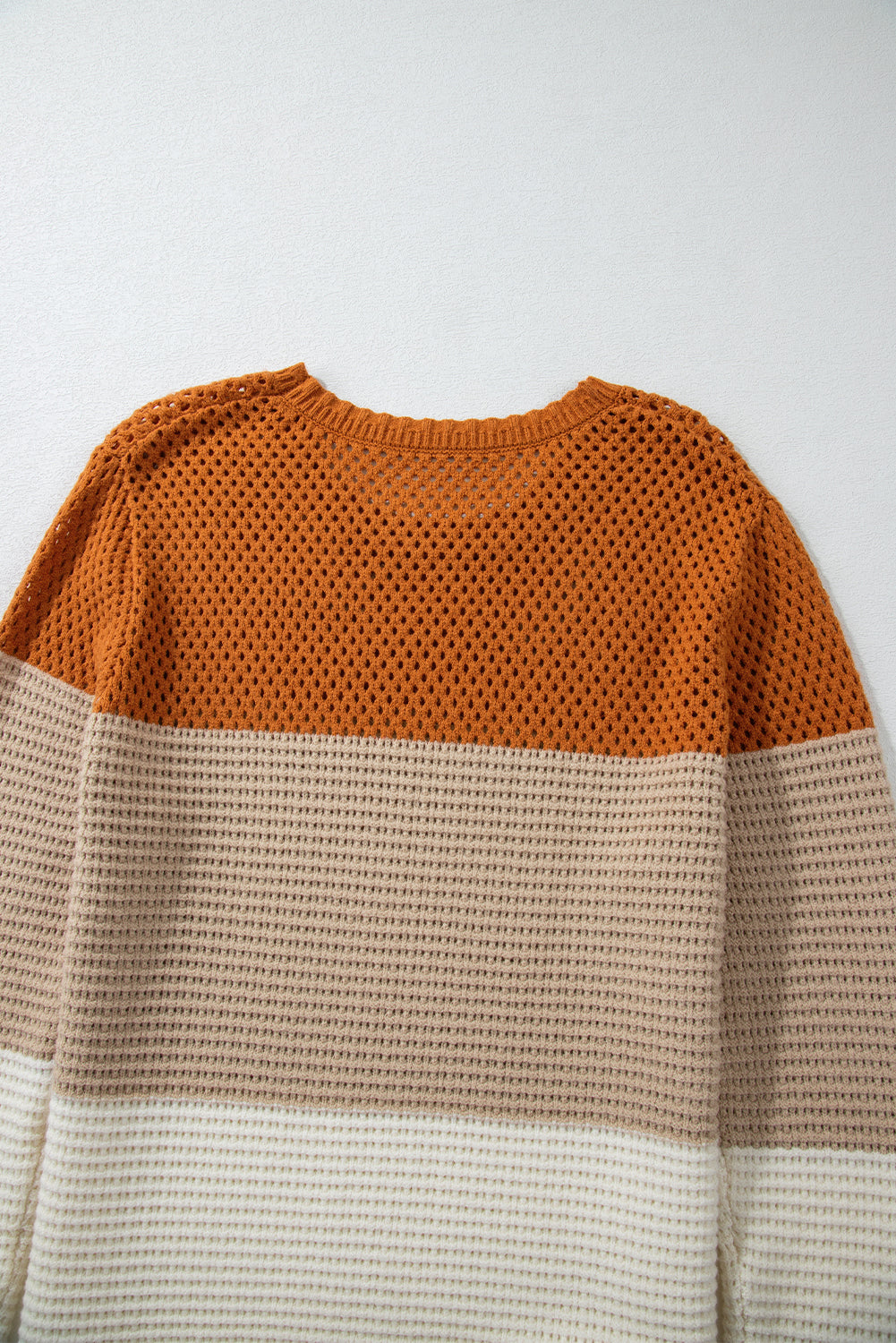 Orange Colorblock Round Neck Hollow Knit Sweater