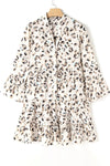 Leopard Notched Long Sleeve Tiered Dress