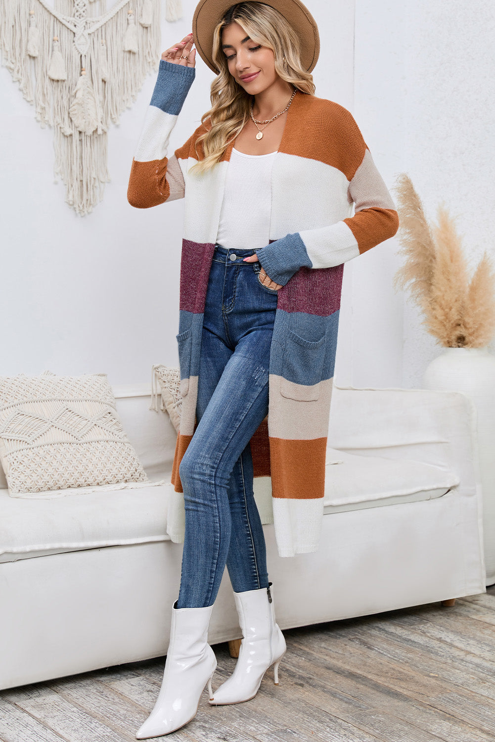 Multicolor Knitted Color Block Open Front Long Cardigan