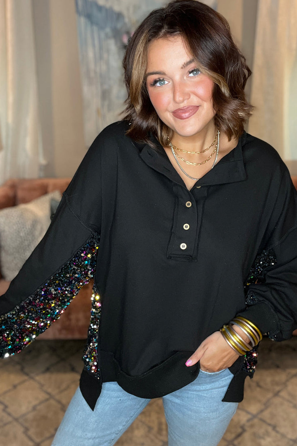 Black Sequin Patchwork Henley Sweatshirt