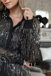 Black Sequin Tassel Button-Up Shirt