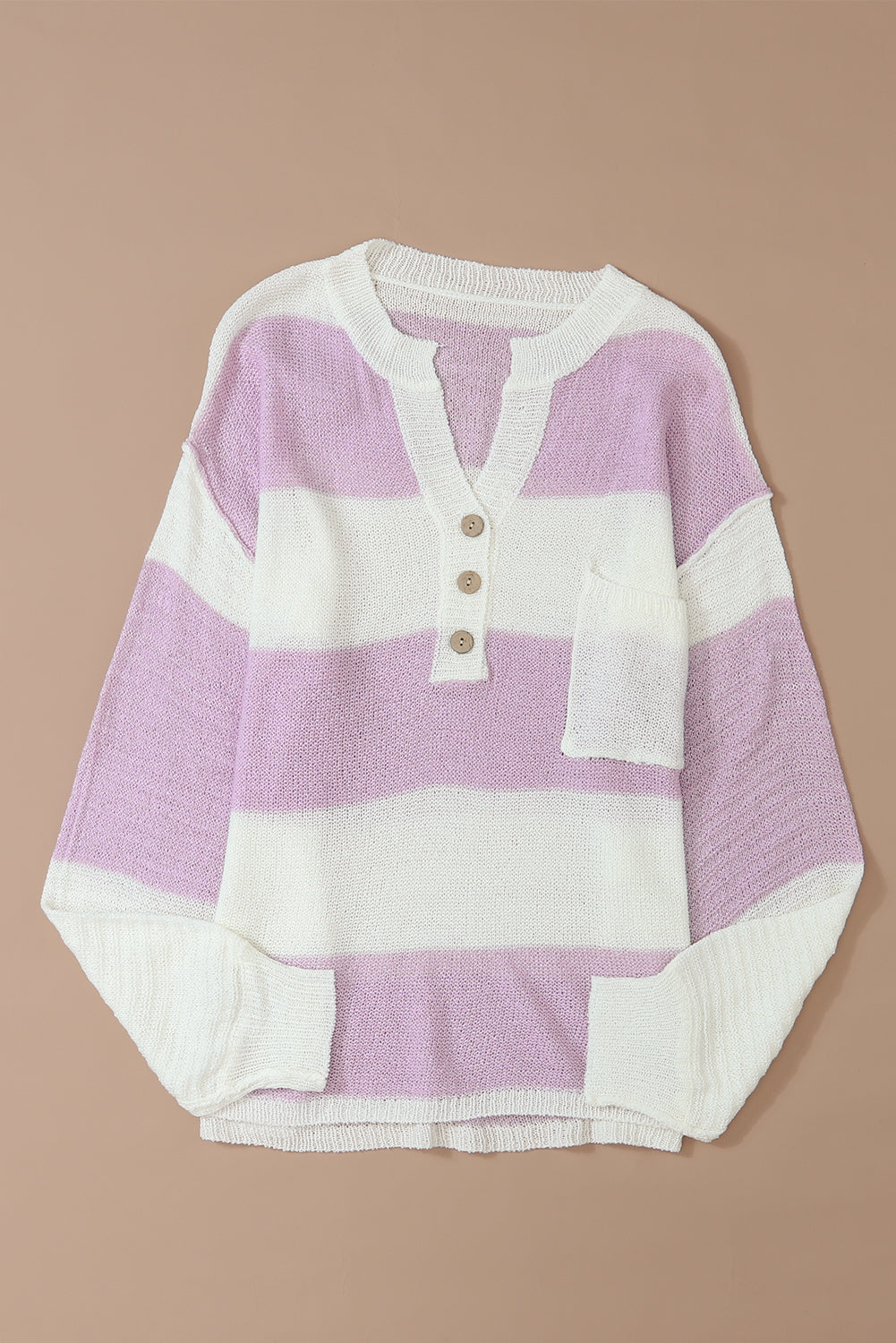 Pink Striped Long Sleeve Henley Knit Sweater with Slits