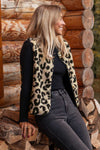 Black Leopard Print Sherpa Button Front Vest Coat