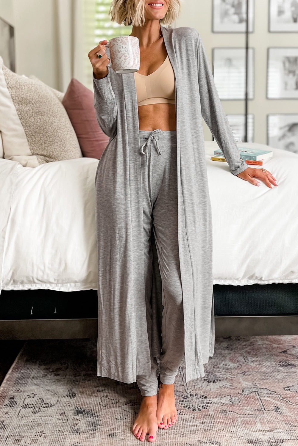 Parchment Split Long Cardigan and Skinny Pants Loungewear Set