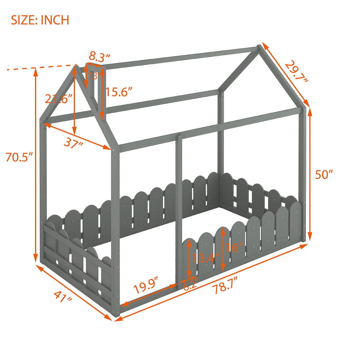 Cocoa Yacht Club Twin Size Wood Bed House Bed Frame with Fence (Gray)