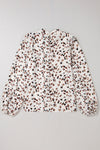 White Leopard Print Puff Sleeve Mock Neck Pleated Blouse