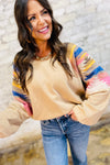 Light French Beige Geometric Patchwork Raglan Sleeve Pullover Sweatshirt