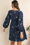 Blue Floral Print Puff Sleeve Babydoll Dress