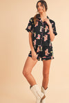 Black Boots Print Button-up Shirt and Shorts Pajama Set