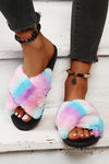 Pink Rainbow Striped Plush Cross Straps Slippers