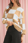 Khaki Plaid Bishop Sleeve Pullover Sweater