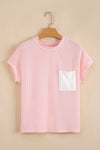 Pink Corded Colorblock Pocket Crew Neck T Shirt