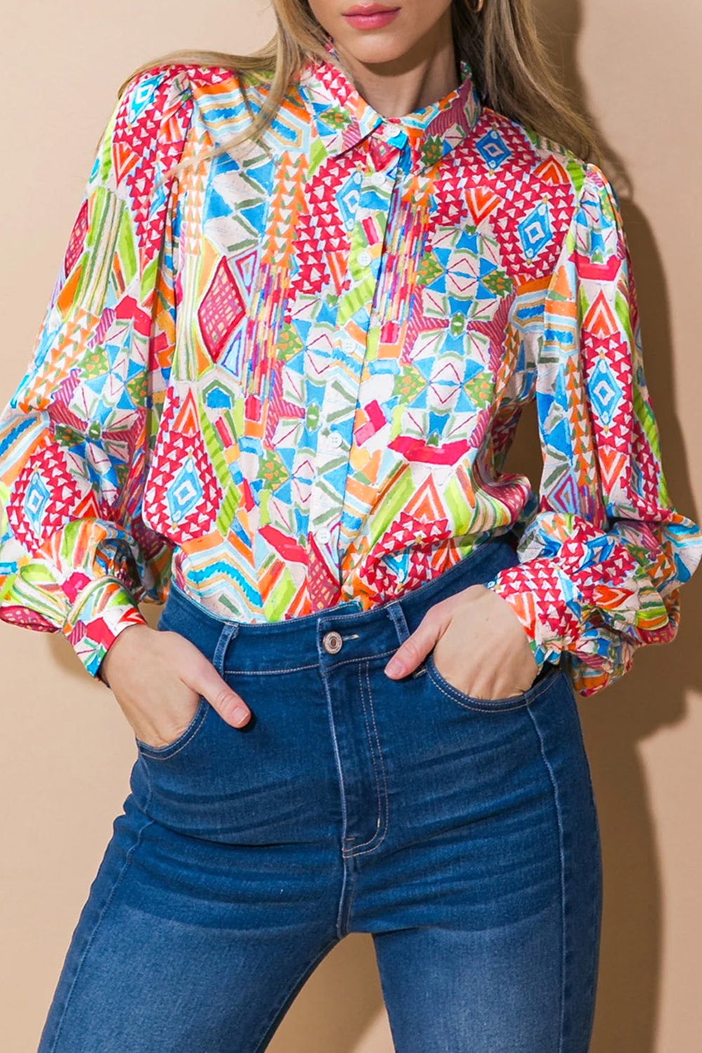 Multicolour Abstract Print Button Lantern Sleeve Shirt