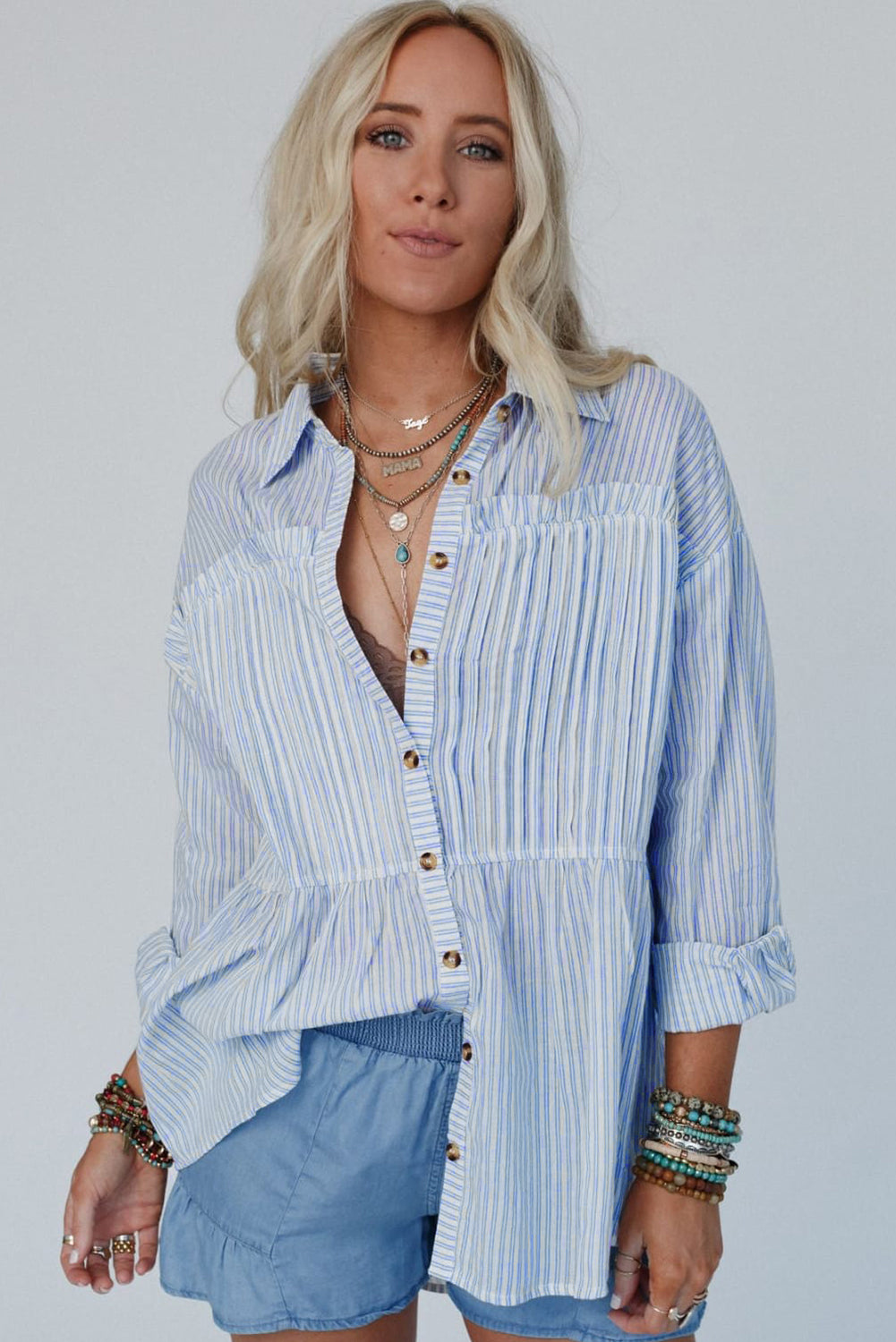 Sky Blue Striped Pleated Long Sleeve Peplum Shirt