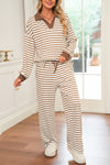 Khaki Stripe Textured Collared Pullover Top and Drawstring Pants Set