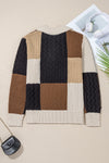 Multicolor Colorblock Cable Knit Sleeve Buttons Collared Sweater
