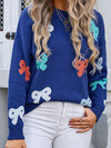 Angel Wings Bow Graphic Round Neck Long Sleeve Sweater - Cocoa Yacht Club