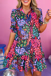 Blue Leopard Print Smocked Cuffs Puff Sleeve Dress