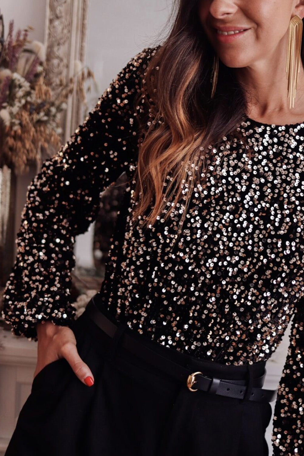 Bodysuit Black Sequin Deep V Back Puff Sleeve Bodysuit.