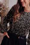 Black Sequin Deep V Back Puff Sleeve Bodysuit