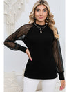 Black Basic Crew Neck Dressy Striped Mesh Long Sleeve Top