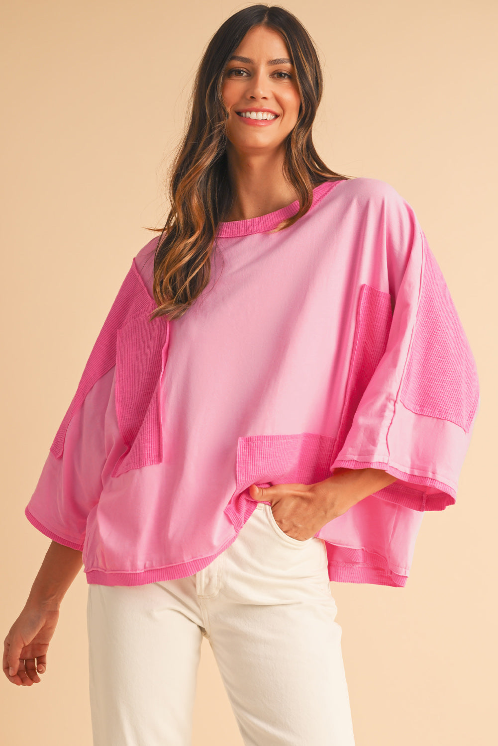 Pink Textured Patchwork 3/4 Sleeve Oversized Top