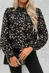 White Leopard Print Puff Sleeve Mock Neck Pleated Blouse