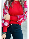 Fiery Red Mixed Animal Print Sleeve Ribbed Top