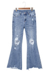 Dusk Blue High Rise Ripped Distressed Hem Flared Jeans