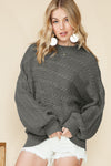 Blackish Green Mock Neck Lantern Sleeve Cable Knit Sweater