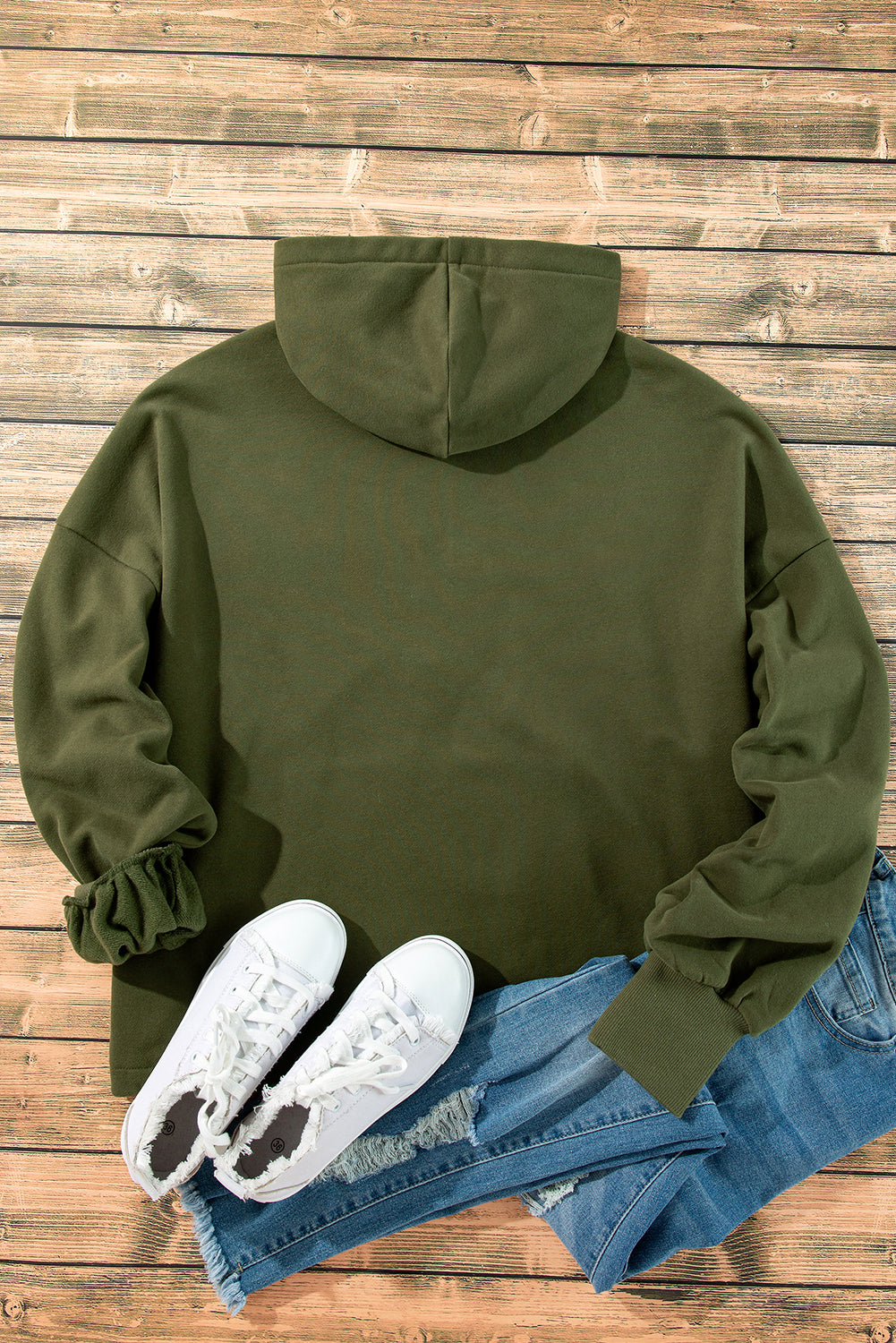 Smoke Green Half Zipper Kangaroo Pockets Drop Shoulder Hoodie