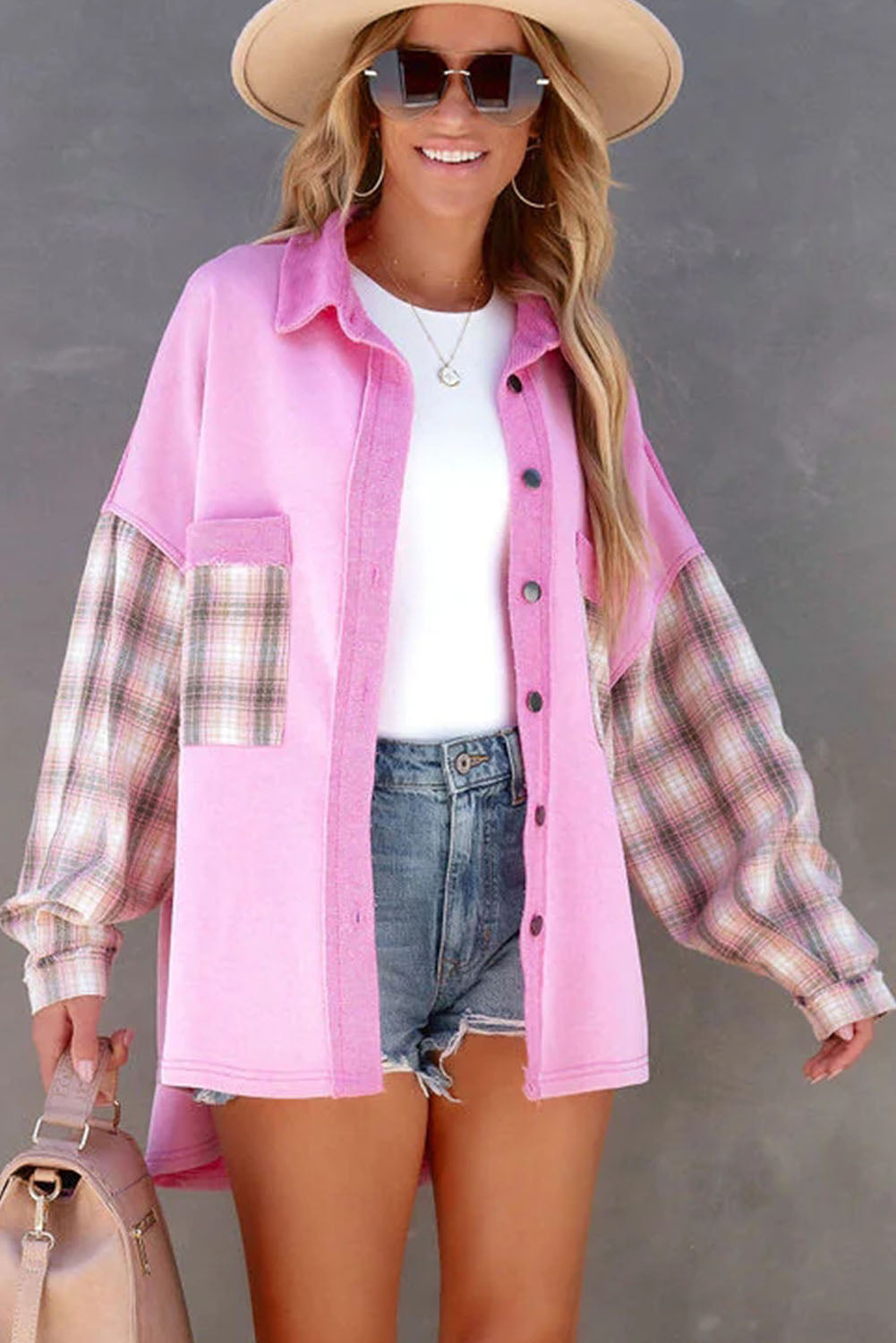 Rose Plaid Patchwork Chest Pockets Oversized Shirt Shacket