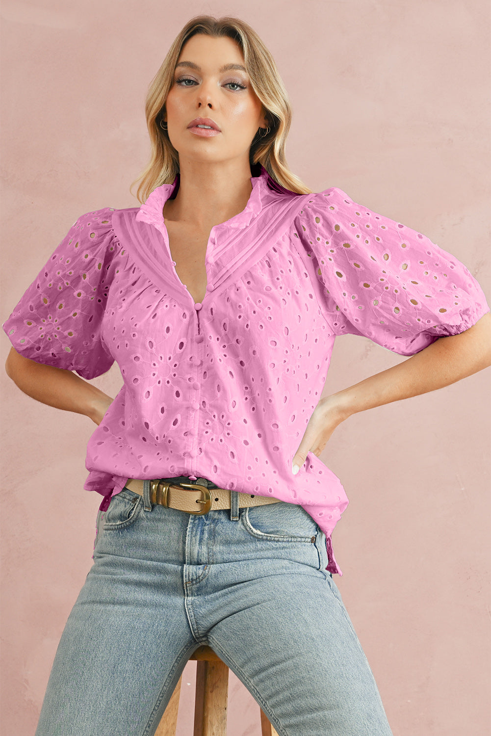 Bonbon Hollow-out Flower Embroidered Short Puff Sleeve Blouse