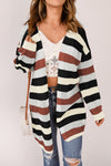 Black Striped Color Block Casual Hollow Cable Knit Cardigan