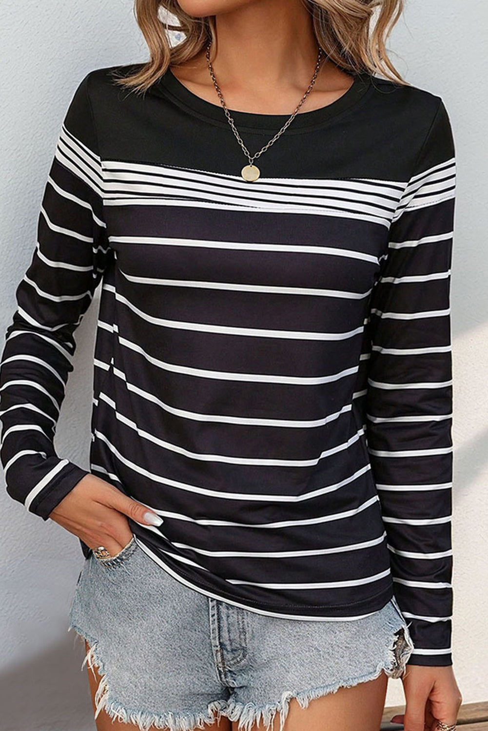 Black Casual Striped Long Sleeve Top