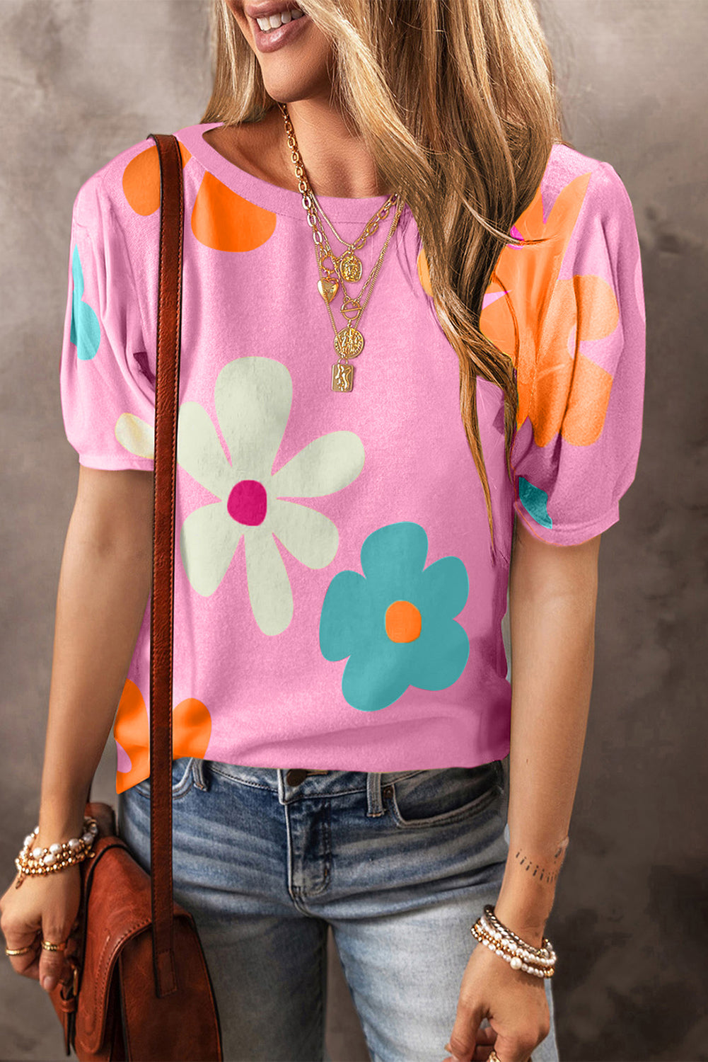 Sky Blue Colorful Flower Print Bubble Sleeve Tee