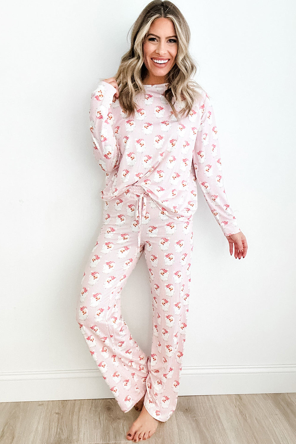 Pink Santa Claus Striped Print Loose Fit Two Piece Loungewear Set