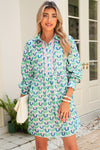 Green Floral Print Scallop Trim Pocket Mini Dress