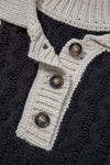 Multicolor Colorblock Cable Knit Sleeve Buttons Collared Sweater