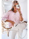 Light Pink Checkered Knitted Lace-up Ruffled 3/4 Sleeve Cardigan