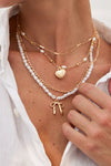 Gold Bow and Heart Pendant Pearl Chain Necklace Set