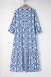 Sky Blue Geometric Print Notch Neck Plus Size Maxi Dress