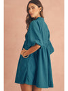 Light Blue Snap Button Empire Waist Lantern Sleeve Corduroy Dress