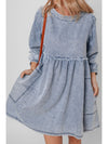 Cutout Round Neck Balloon Sleeve Denim Dress