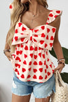 Red Heart Print Bow Front Peplum Sleeveless Top