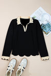 Black Scallop Trim Colorblock Long Sleeve Collared Top