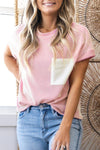 Pink Corded Colorblock Pocket Crew Neck T Shirt