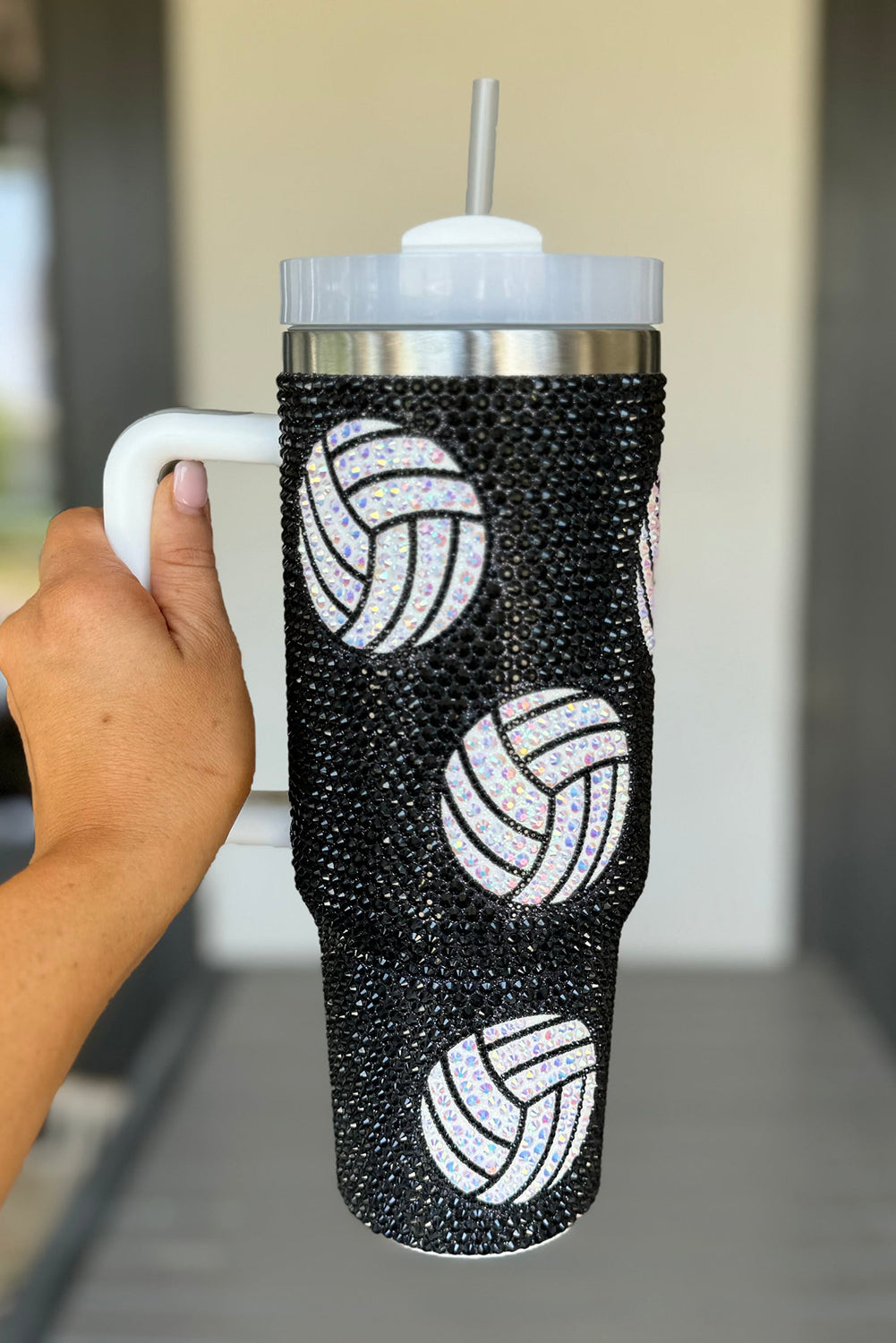 Black 40Oz Rhinestone Volleyball Tumbler Cup with Handle